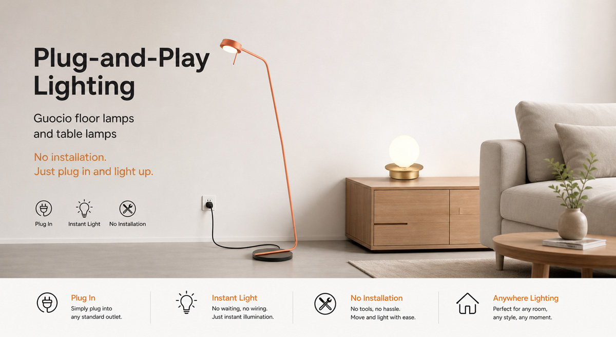 Plug-and-play lighting fixtures including Guocio floor lamps and table lamps requiring no installation