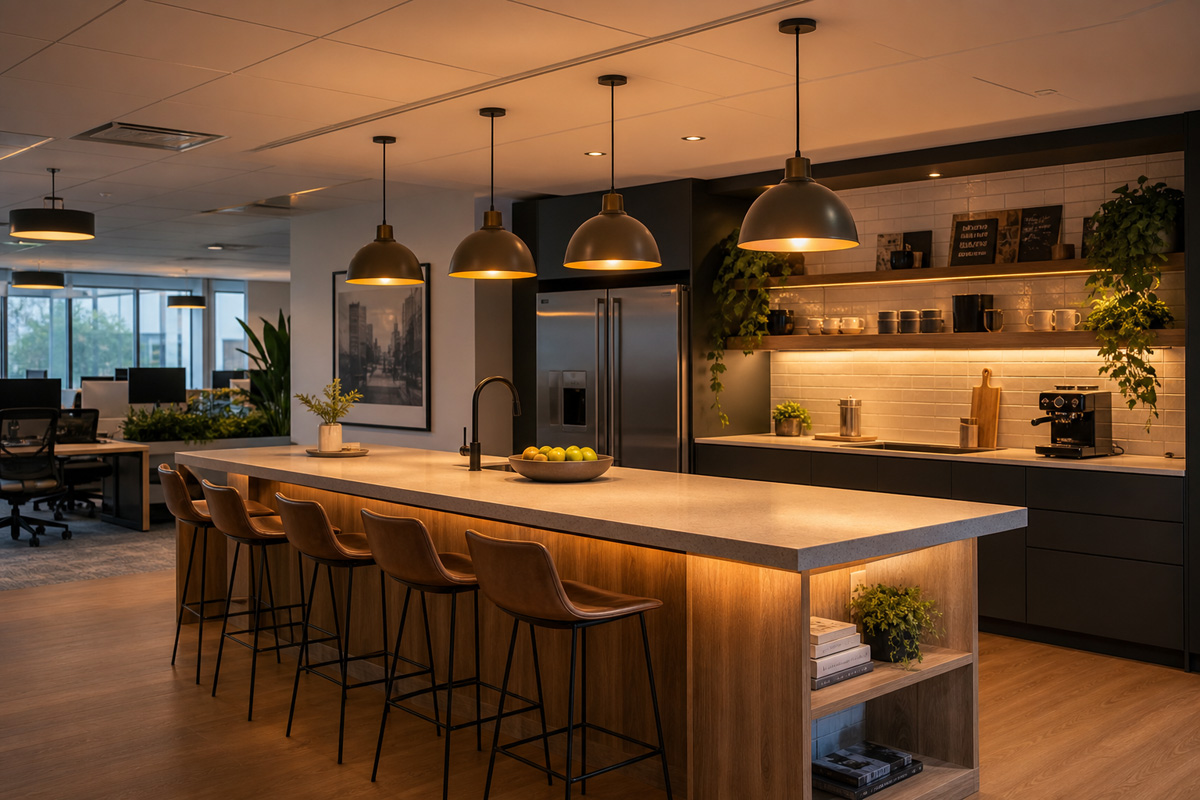 Resimercial office lighting design using pendant lamps to create a warm kitchen-like atmosphere
