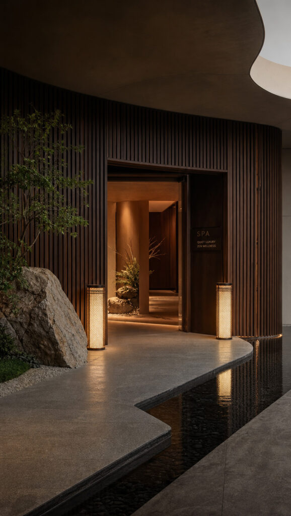Zen wellness spa entrance facade with dark wood grille and slender still water feature, warm Guocio lighting integrated into curved architecture